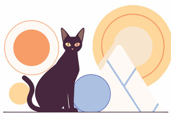 Abstract Illustration of a Black Cat with Geometric Shapes and Warm Color Palette in Minimalist Style