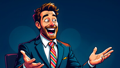 Excited Business Man Cartoon with Striped Tie Presenting Against Dark Blue Background