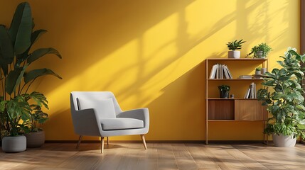 Interior design living room yellow wall armchair plants bookshelf modern home decor furniture sunlight