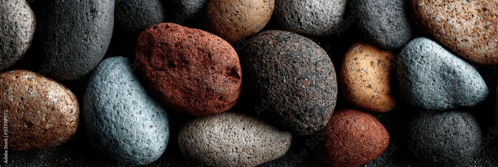 Poster colorful stones arranged in various shapes and sizes on a dark background, displaying natural textur