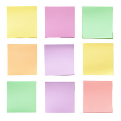 Fototapeta premium Nine pastel sticky notes arranged in a grid blank colorful reminders isolated on a transparent background