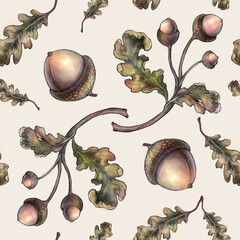 Acorn & Oak Leaves Seamless Pattern PNG