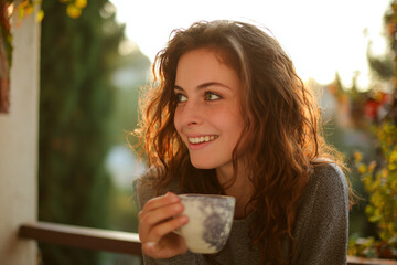 young woman with wavy brown hair enjoys warm drink on balcony, smiling brightly in soft sunlight. scene conveys sense of warmth foliage weather season and happiness