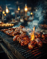 Grilled chicken on a barbecue with flames and smoke