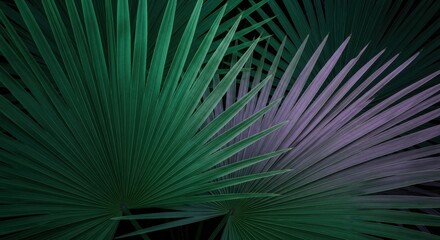 Obraz premium Vibrant Green and Purple Palm Fronds Creating a Textured Abstract Background with a Tropical Feel