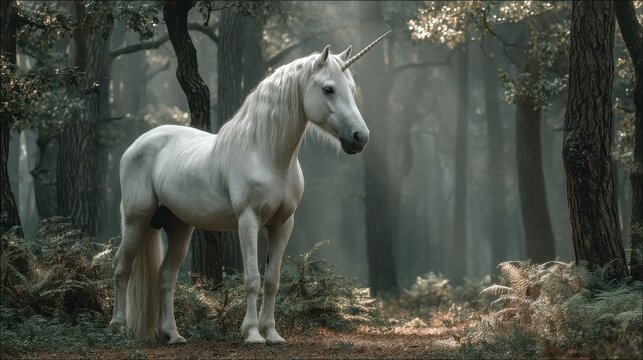 Majestic unicorn standing in a misty forest surrounded by ferns and tall trees during early morning light