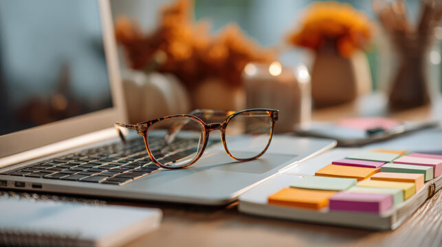 Cozy workspace with laptop, glasses, and sticky notes, ready for back-to-school tasks and study.