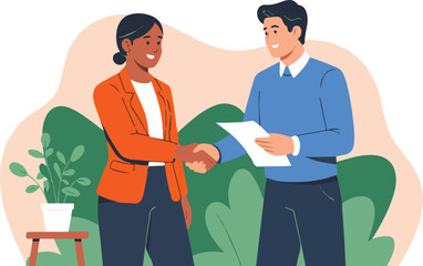 Obraz premium Confident business partners shaking hands after successful deal completion in a bright modern office setting