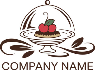 A logo featuring a dessert with cherries under a dome on a stand with decorative swirls and text below it