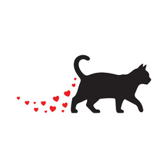 Black Cat Silhouette Walking Leaving Red Hearts Trail cat day vibes