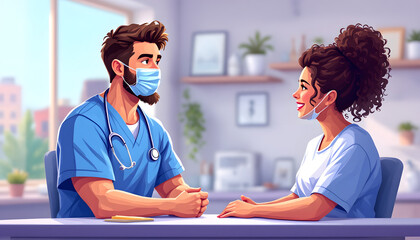 Medical Staff Wearing Mask Talking in Bright Office Setting