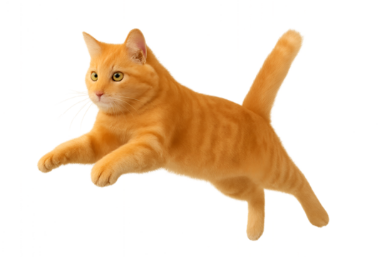 Ginger cat in mid-air, playful jump of a feline with a vibrant orange coat, An orange cat mid-leap caught in a moment of pure feline energy