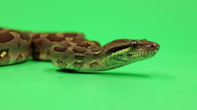 Camouflaged Python Snake Isolated on Green Screen