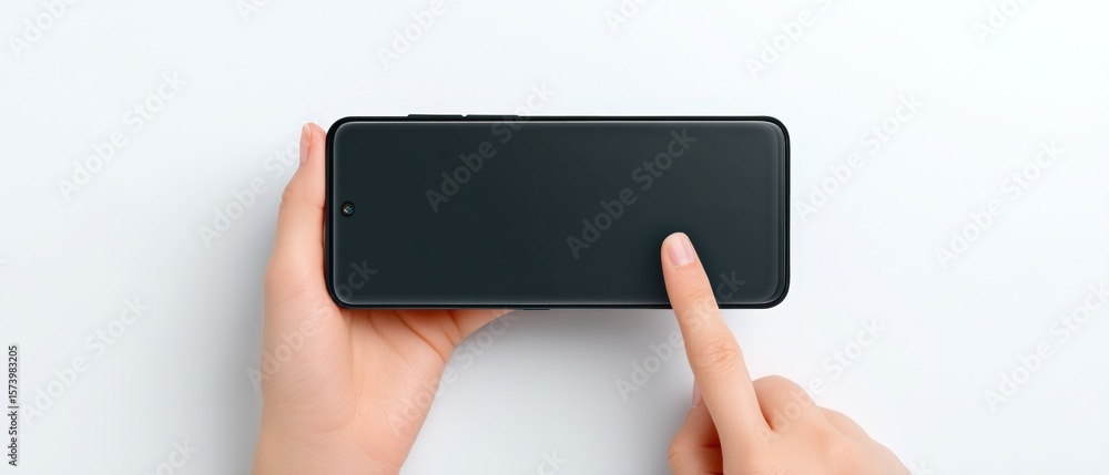 Poster user interacting with smartphone modern workspace technology demonstration minimalistic environment 
