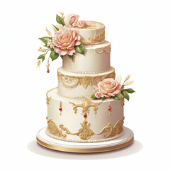 Birthday cake decorated with beautifully crafted rose flowers and intricate frosting details, perfect for celebrations and special occasions, isolated on white background