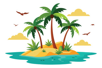 Tropical island with palm and birds