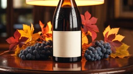 Bottle of Red Wine With Grapes and Autumn Leaves on Wooden Surface