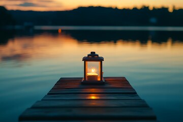 a glowing lantern on wooden pier