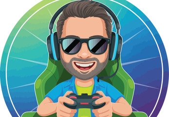Cartoon gamer avatar with headphones sunglasses and controller in a circular gradient background