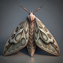 Detailed close up of a stylized moth with intricate wing patterns and textured body