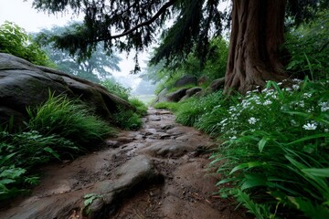 Winding Path Through Thick Green Rainforest Under Misty Conditions