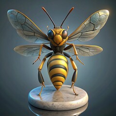 Stylized giant wasp with detailed wings and segmented body on pedestal