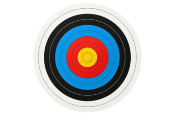 Classic archery target with colorful rings and a yellow bullseye on a transparent background
