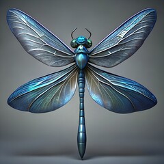 Close up of a metallic blue dragonfly with iridescent wings on a gray background