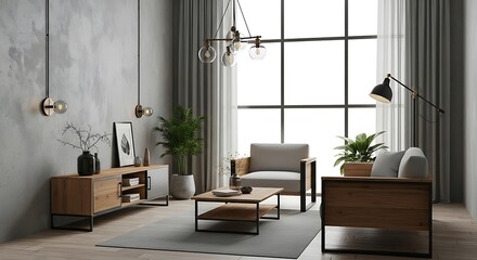 Modern living room with concrete wall stylish furniture and large window