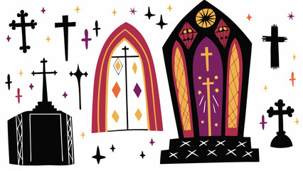 An antique stained glass window in a gothic church building entrance features an ancient religious art pattern