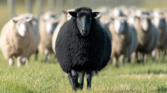 Flock of grazing sheep with one jet-black sheep standing prominently