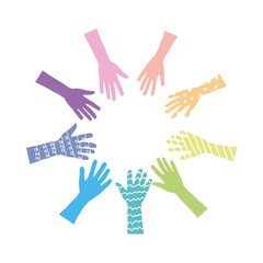 円陣　カラフル　手　チームワーク　多様性