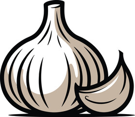 Illustration of a bulb of garlic with a single clove next to it on a light colored background plain style