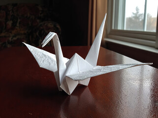 Origami Crane on Wooden Table.
