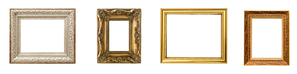 Transparent background: Set of four diverse empty picture frames for art and decor on a white backdrop

