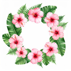 Vibrant Pink Hibiscus and Tropical Palm Leaves Wreath - Exotic Paradise Floral Arrangement