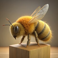 Detailed macro photograph of a fuzzy bumblebee resting on a wooden block