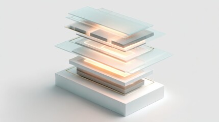 Stack of glowing transparent layers suspended in clean white space representing futuristic energy architecture, data structures and quantum circuit design