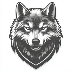 Naklejka premium Intense wolf head illustration showcasing intricate details and bold lines in a monochrome design