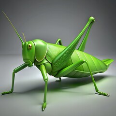 Detailed 3d render of a green grasshopper with large golden eyes on a gray background