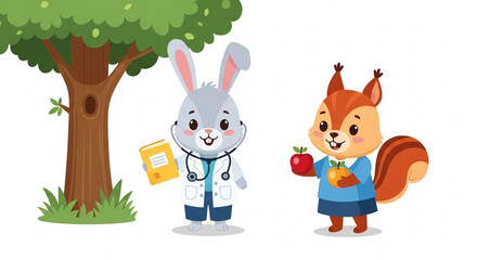 Fototapeta premium A doctor bunny examines a squirrel student holding an apple near a tree.