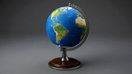 Detailed view of a globe on a wooden base, showing continents and oceans