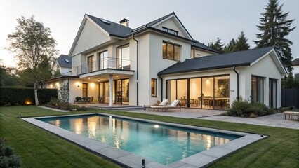 Luxury Modern House Mansion with Pool in a Lush Garden