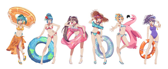 Obraz premium Group of anime girls in vibrant swimsuits happily posing with colorful floaties against a white background. Each has a unique style and accessory for a fun summer vibe.