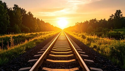 Obraz premium Sunset Railroad Tracks: Golden Hour Landscape Photography