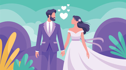 Illustration of a wedding couple holding hands with hearts floating above their heads outdoors scene