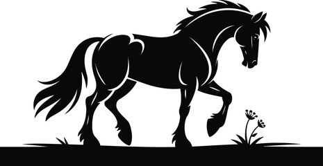 Silhouette of a horse walking on grass with flowers in black and white vector illustration design