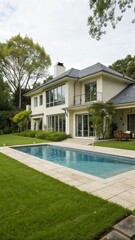 Luxury Modern House Mansion with Pool in a Lush Garden