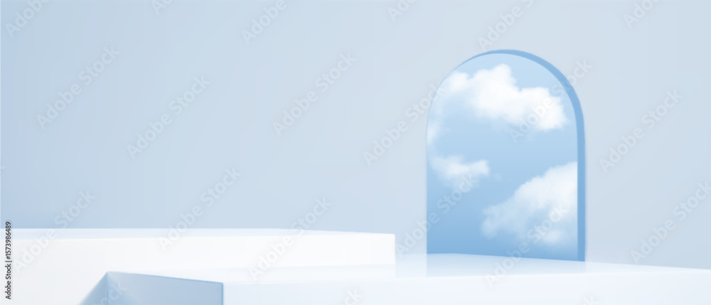 Aufkleber dreamy sky scene with clouds through arch window and white geometric platform podiums - realistic 3d
