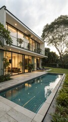 Luxury Modern House Mansion with Pool in a Lush Garden
